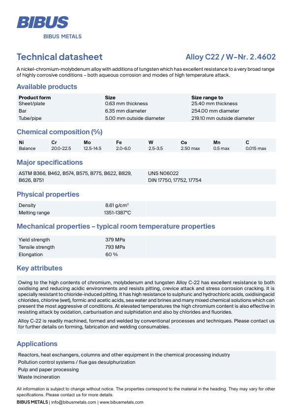 Data sheet Nickel Alloy 22