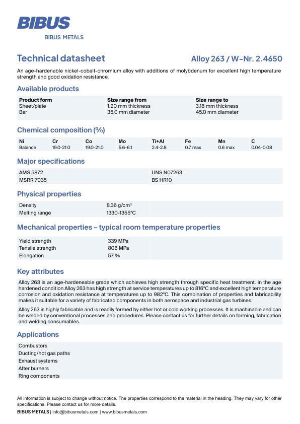 Data sheet Nickel Alloy 263