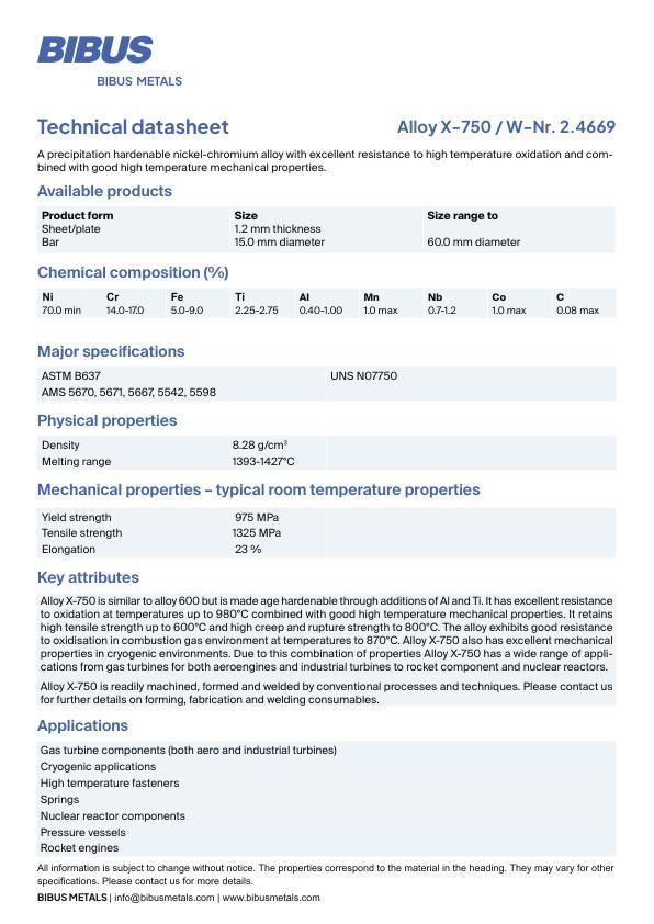 Data sheet Nickel Alloy X-750