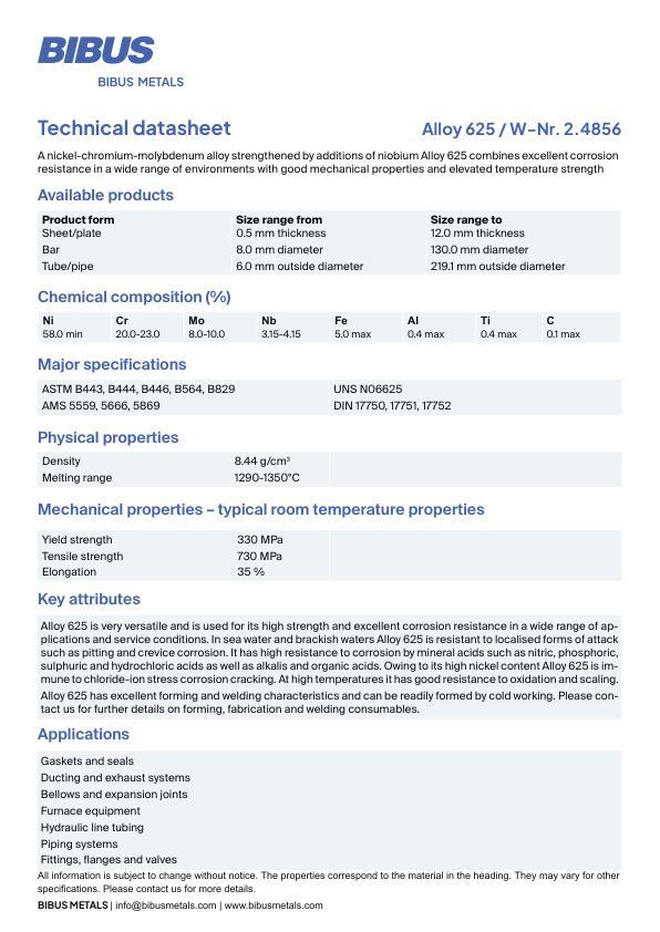 Data sheet Nickel Alloy 625