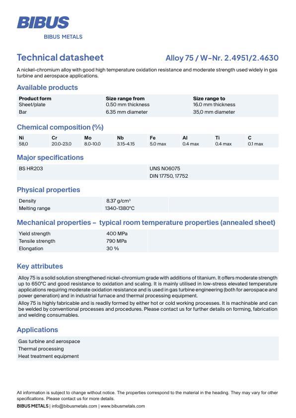 Data sheet Nickel Alloy 75