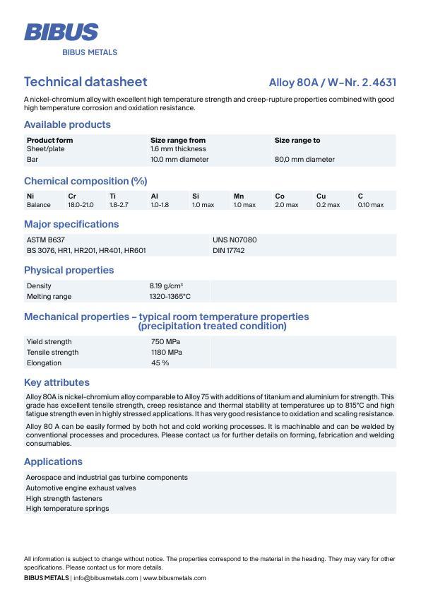 Data sheet Nickel Alloy 80A