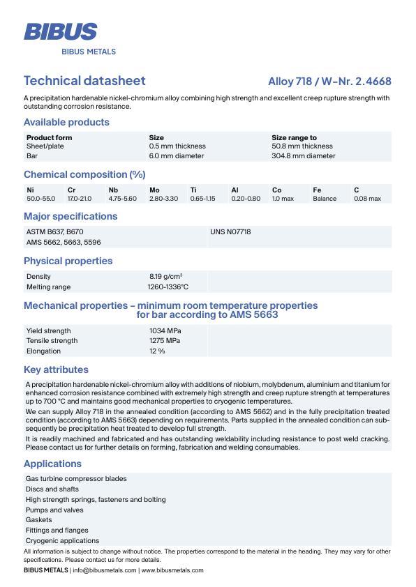 Data sheet Nickel Alloy 718
