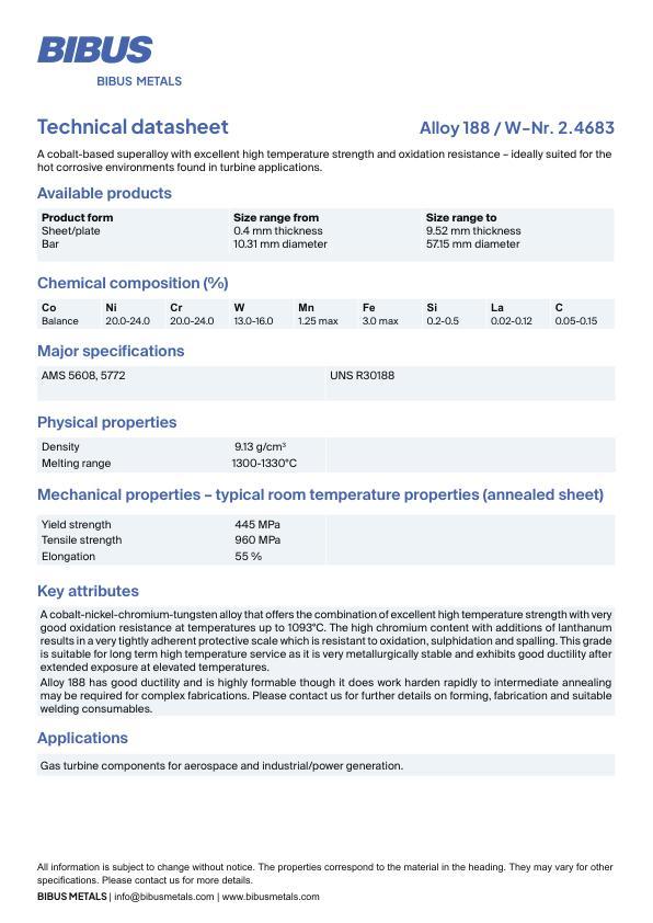 Data sheet Nickel Alloy 188