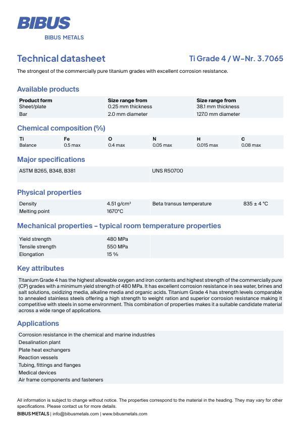Data sheet Titanium Grade 4