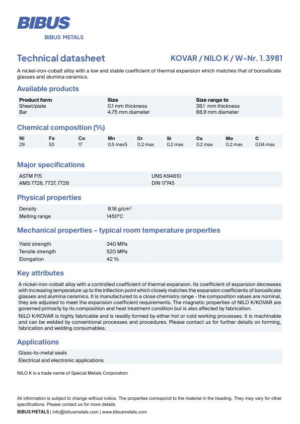 Data sheet Nickel Alloy K