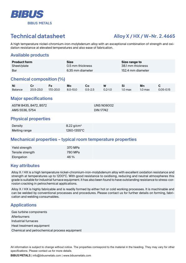 Data sheet Nickel Alloy HX