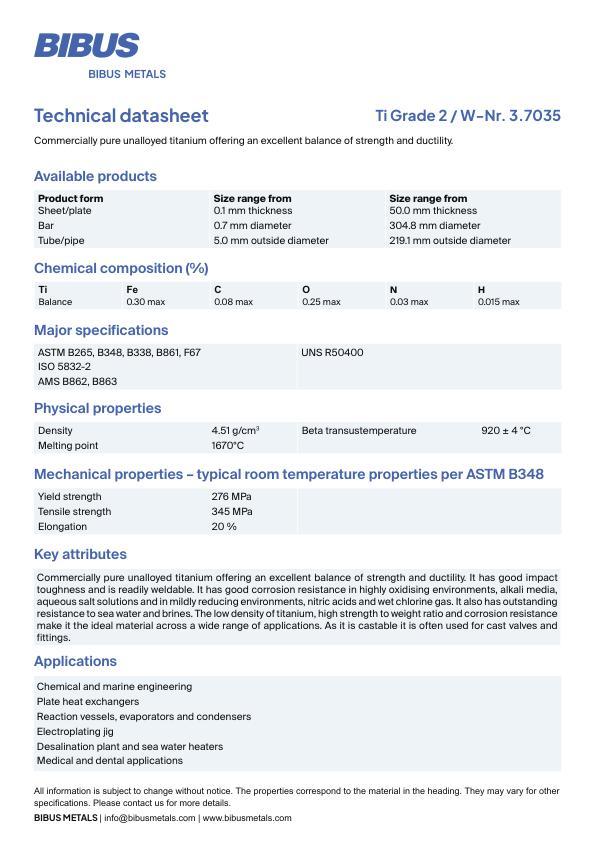 Data sheet Titanium Grade 2