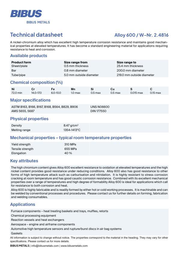 Data sheet Nickel Alloy 600