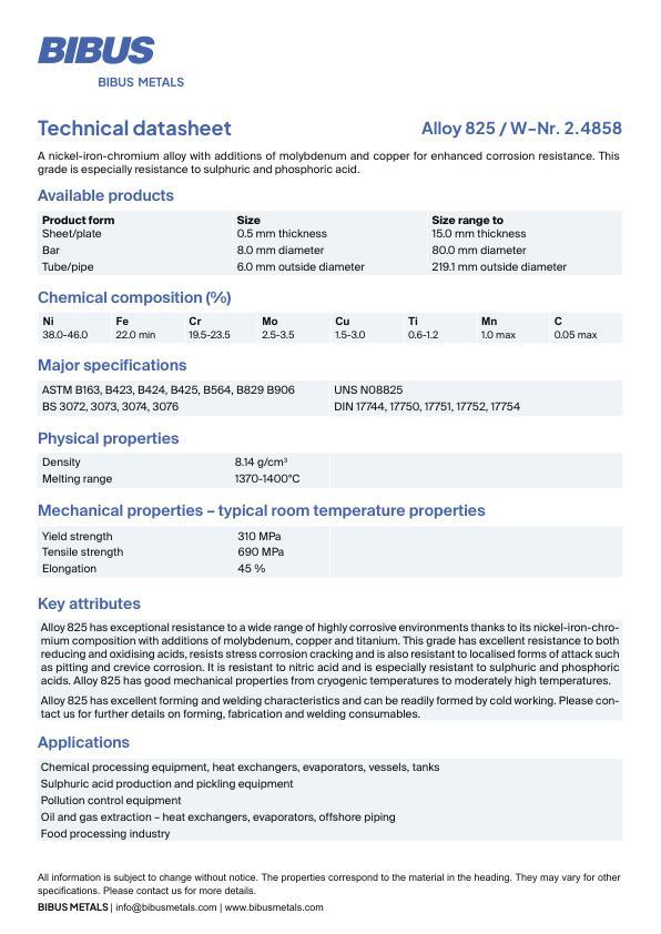 Data sheet Nickel Alloy 825