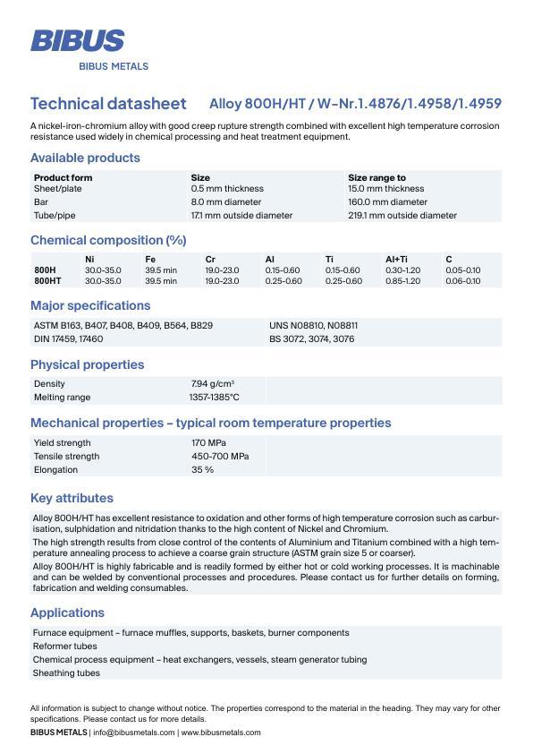 Data sheet Nickel Alloy 800H/HT