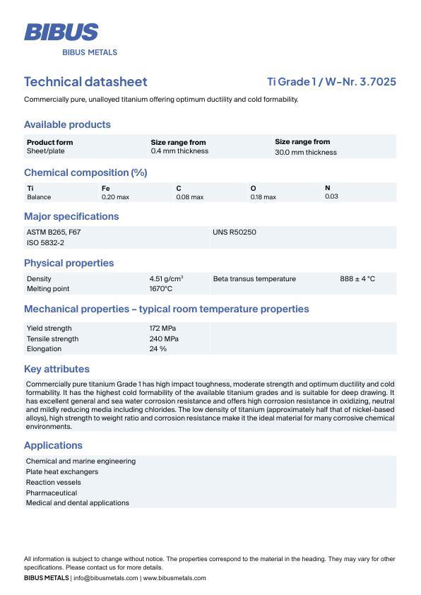 Data sheet Titanium Grade 1