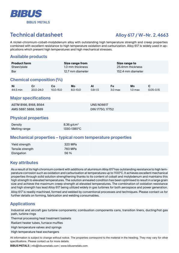 Data sheet Nickel Alloy 617
