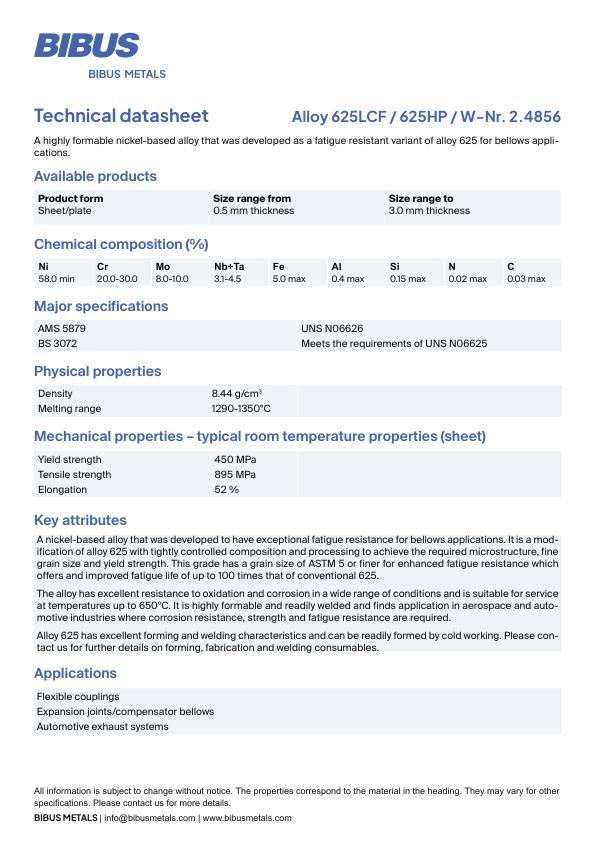 Data sheet Nickel Alloy 625 LCF