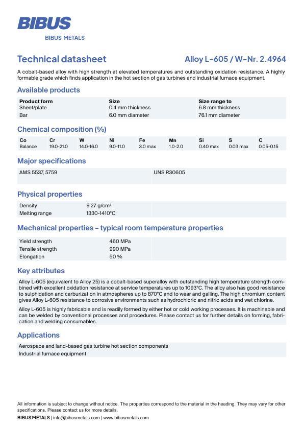 Data sheet Nickel Alloy L-605