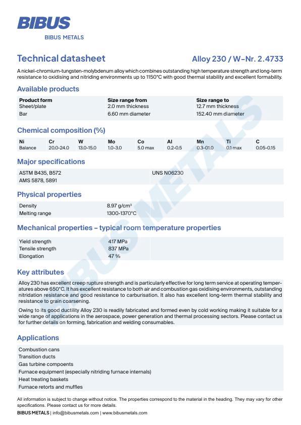 Data sheet Nickel Alloy 230