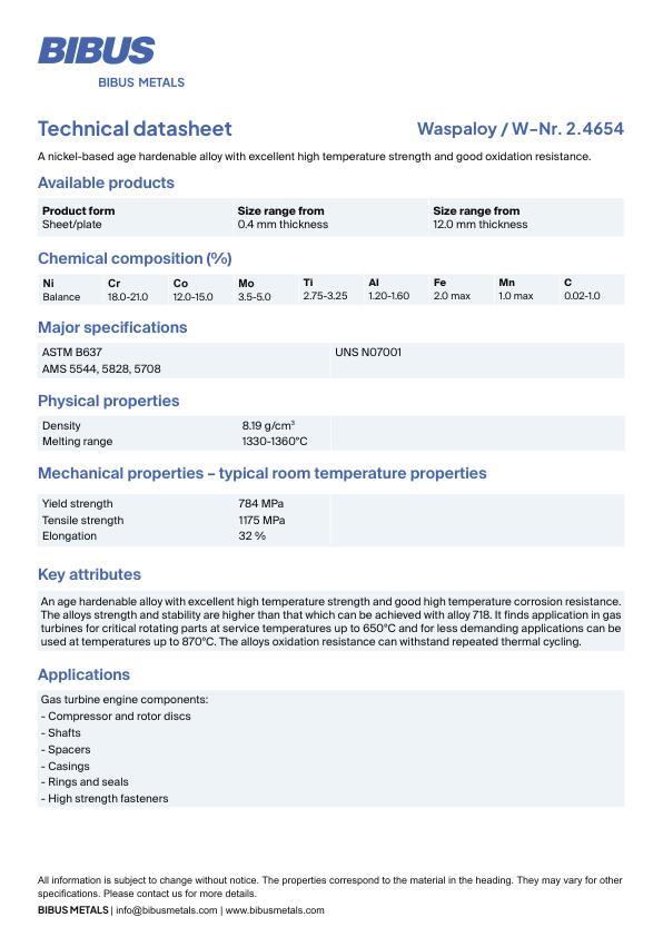 Data sheet Nickel Waspaloy