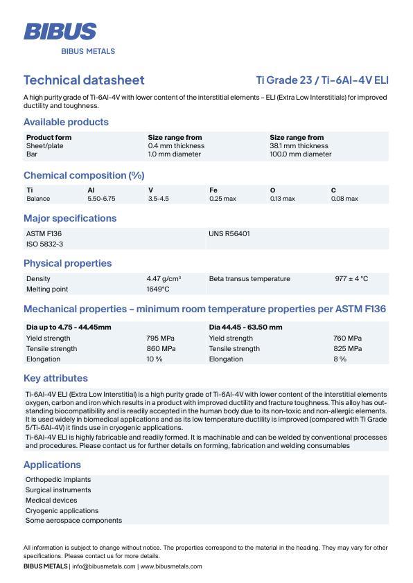 Data sheet Titanium Grade 23 / 5 ELI