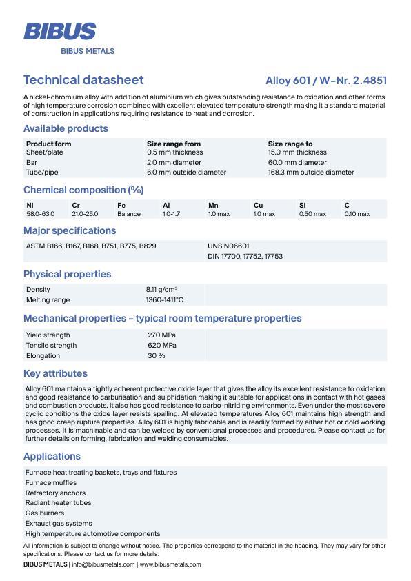 Data sheet Nickel Alloy 601