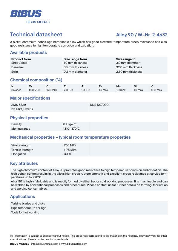 Data sheet Nickel Alloy 90