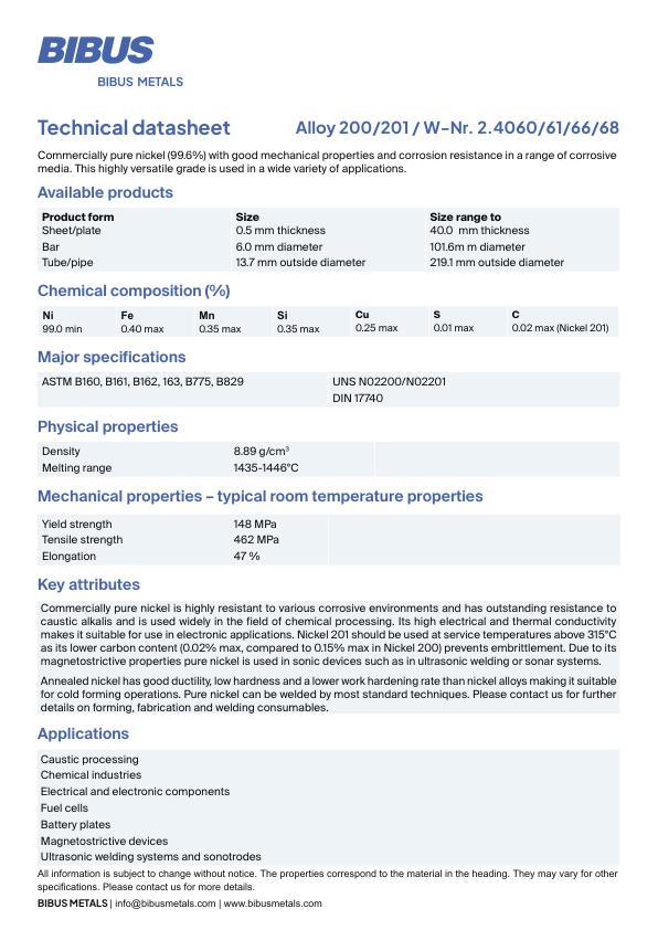 Data sheet Nickel 200/201