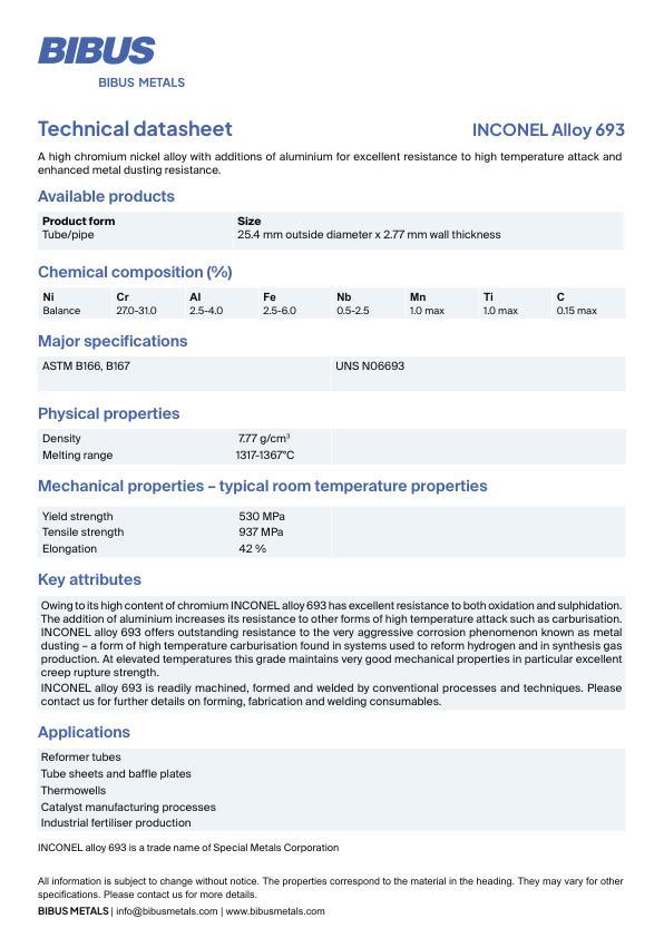 Data sheet Nickel Alloy 693