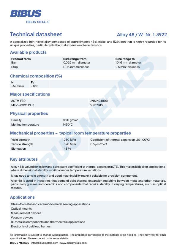 Data sheet Nickel Alloy 48